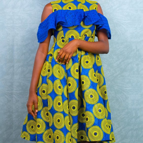 blue yellow fancy collar knee length dress african print ngounbang - Picture 1 of 5